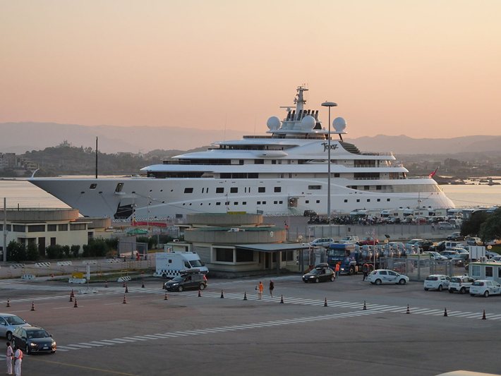 Luxury Yacht Topaz mooring in the sun set